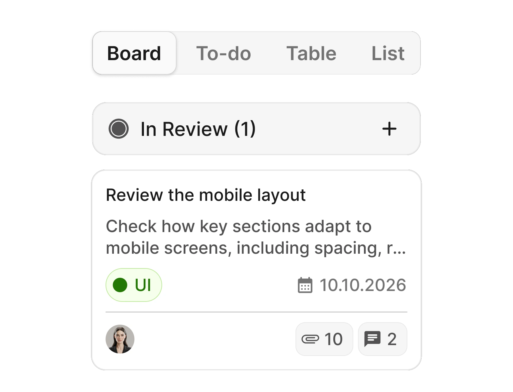 Kanban board task card built with Lite UI components