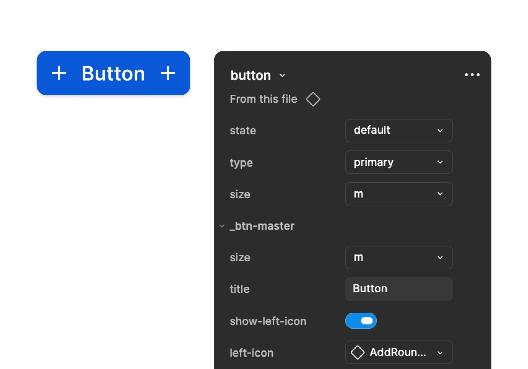 Figma button component with all interactive states shown side by side with its properties panel