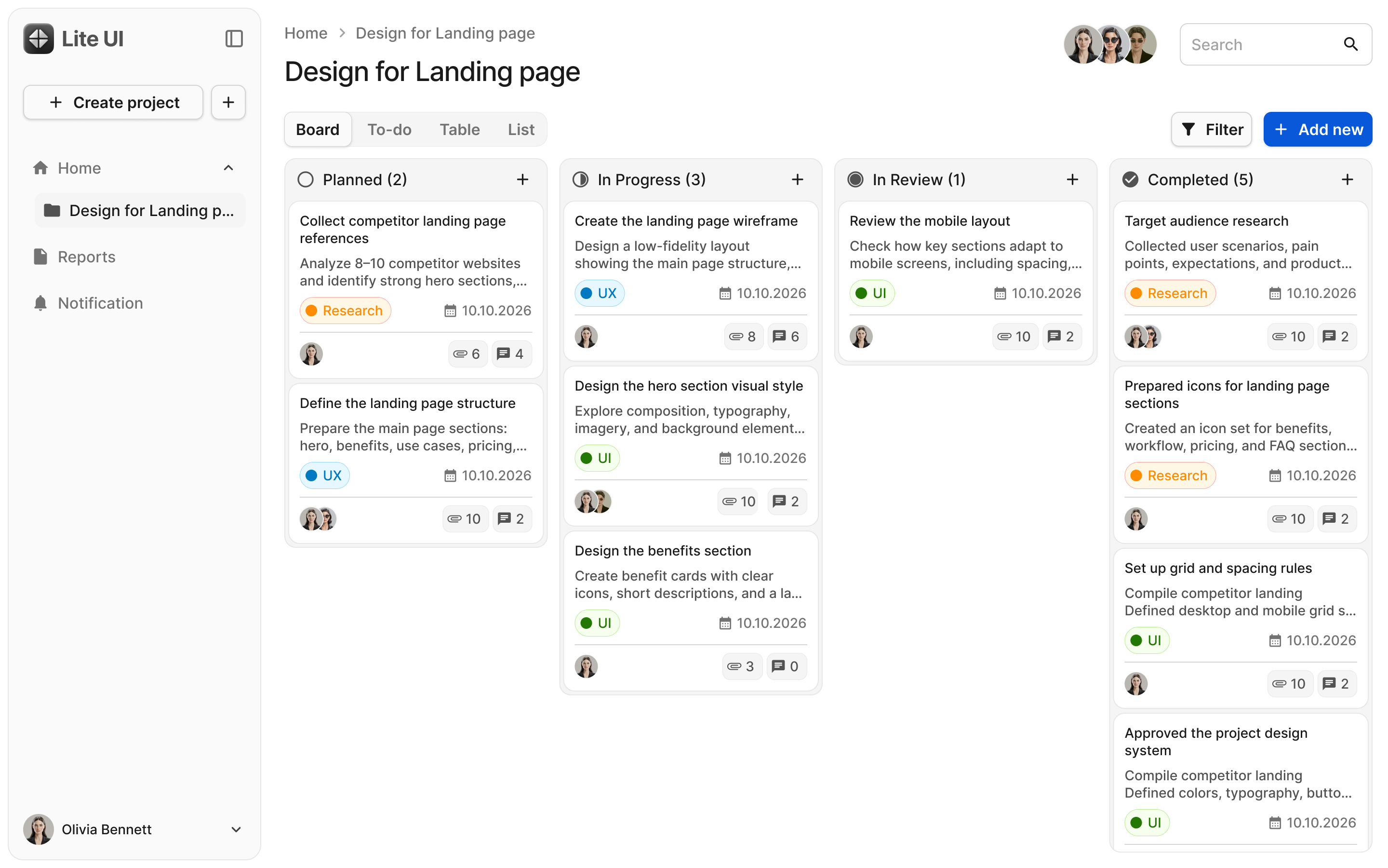Lite UI kanban board example in light theme