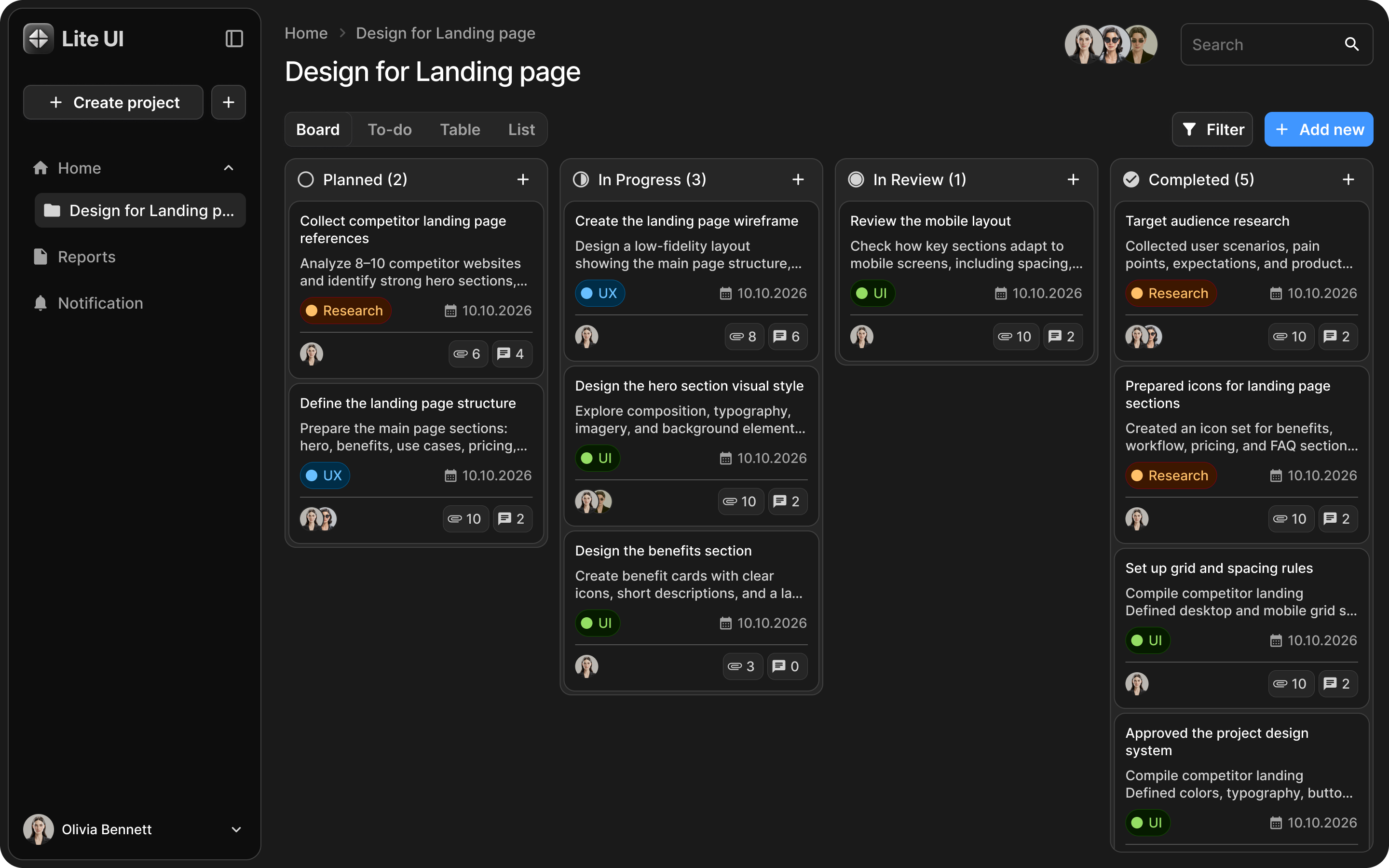 Lite UI kanban board example in dark theme