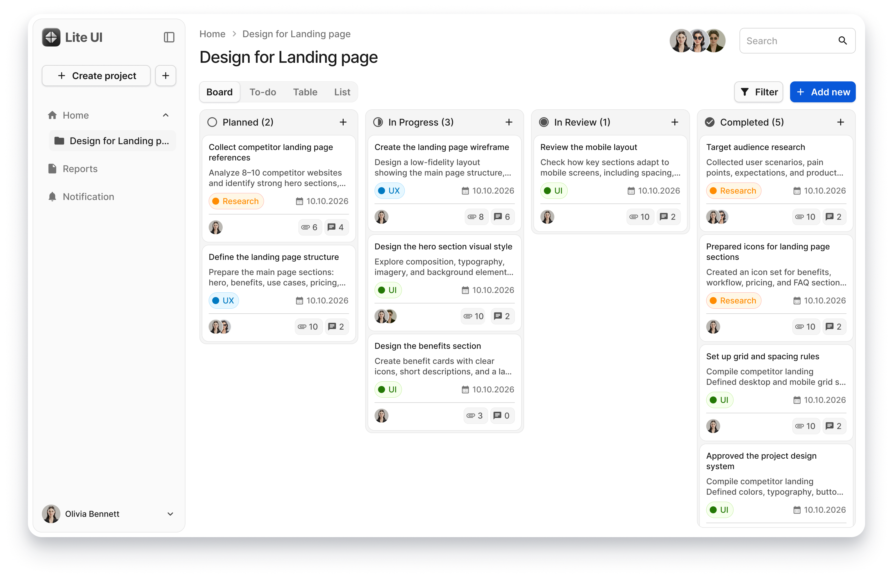 Kanban project board built with Lite UI