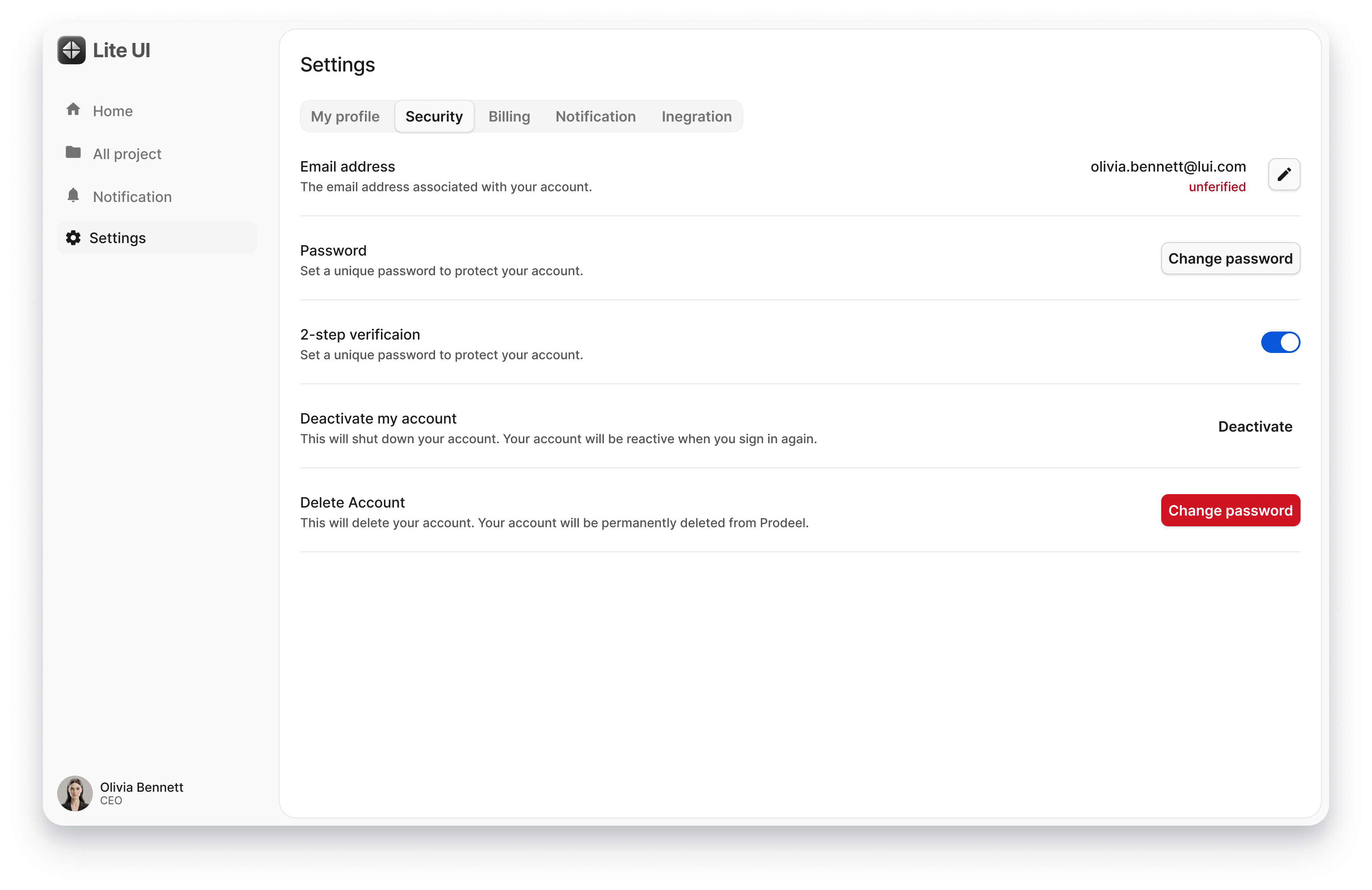 Account settings screen built with Lite UI